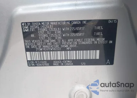 2015 Toyota Rav4 Xle z USA, uszkodzony, nr VIN 2T3WFREV7FW182222